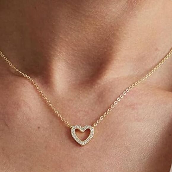 Heart Necklace Dainty Hollow 14K Gold Plated Tiny Heart CZ Pendant Necklace Gift - Picture 3 of 6